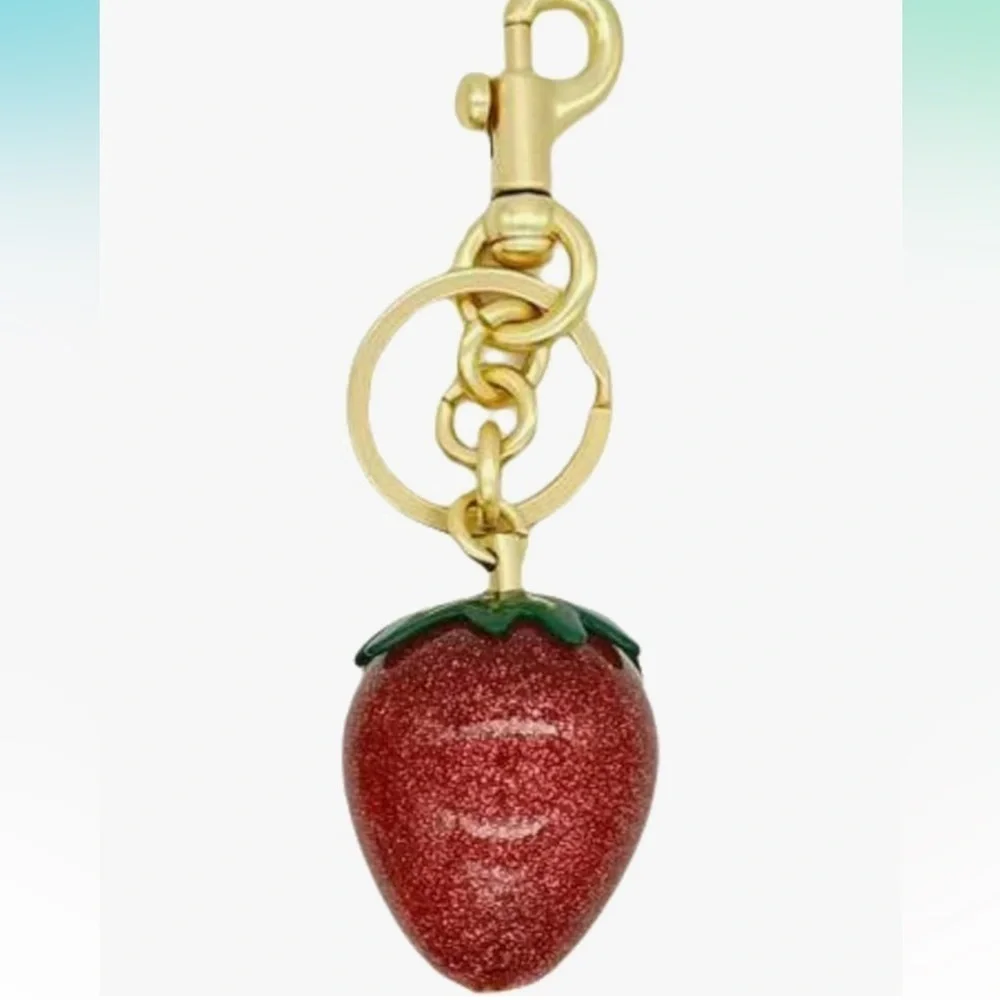 Red Strawberry purse charm Keychain with gold hardware clip perfectly cute